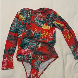 Tropical Print Long Sleeve One-Piece Swimsuit - Red